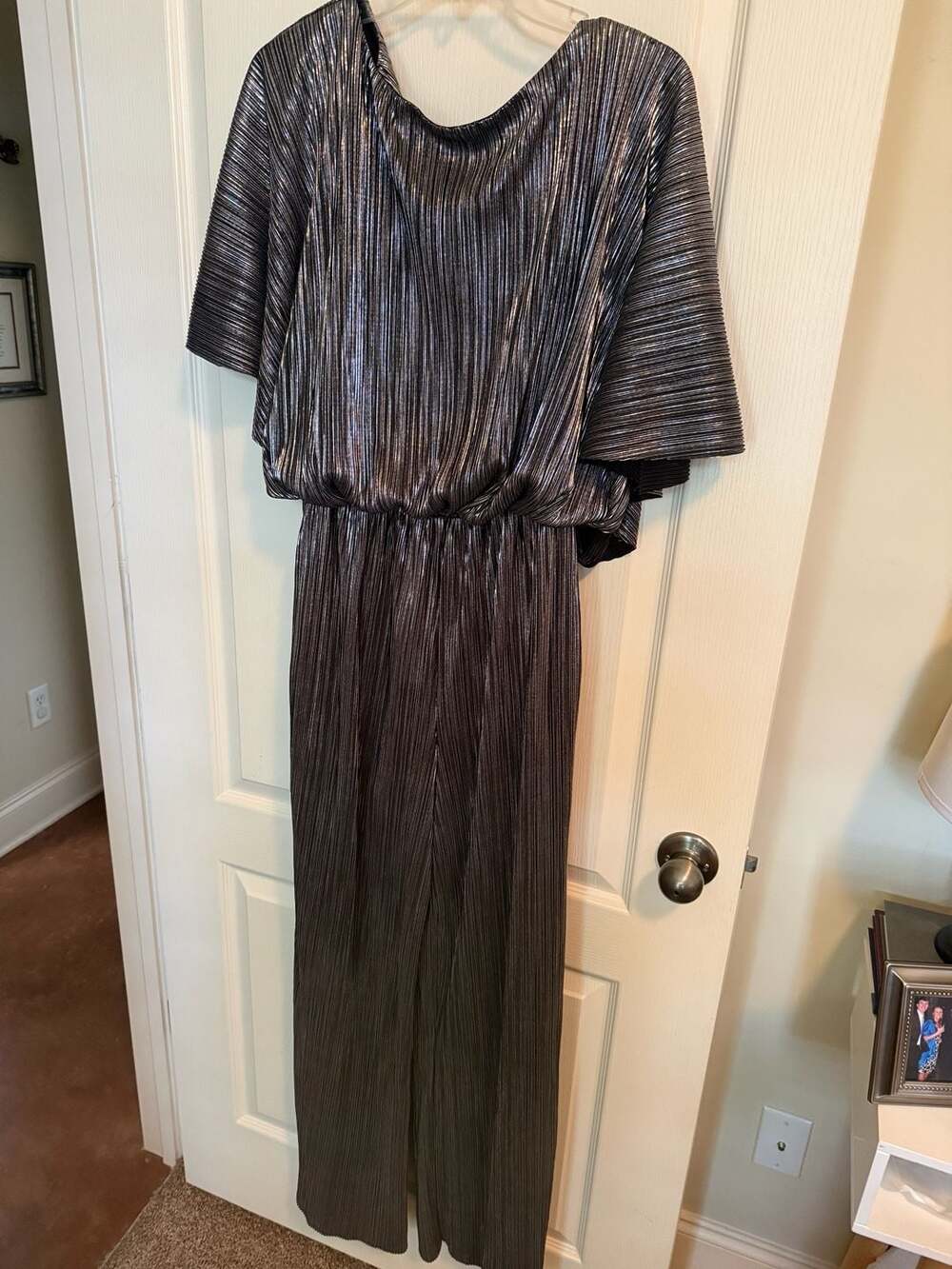 See and Be Seen Metallic Silver Pleated Wide Leg Jumpsuit Size S